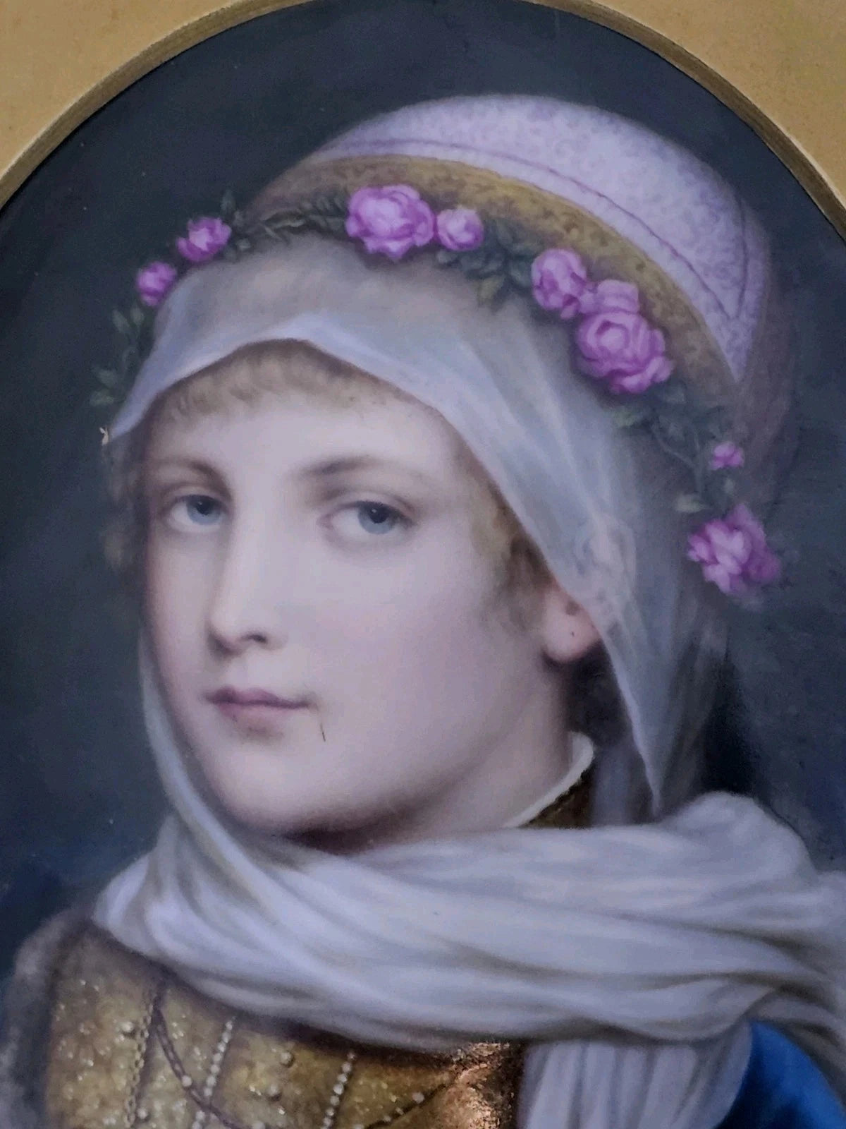 A 19thC German Porcelain Plaque of a Portrait of a Young Woman, Gilt Framed