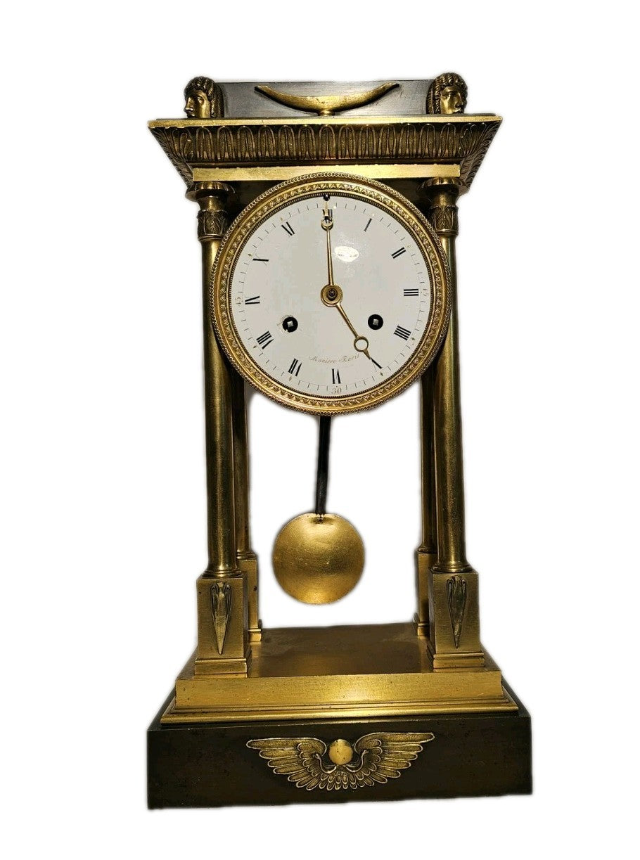 Antique French Brass Egyptian Revival Portico Clock Manière