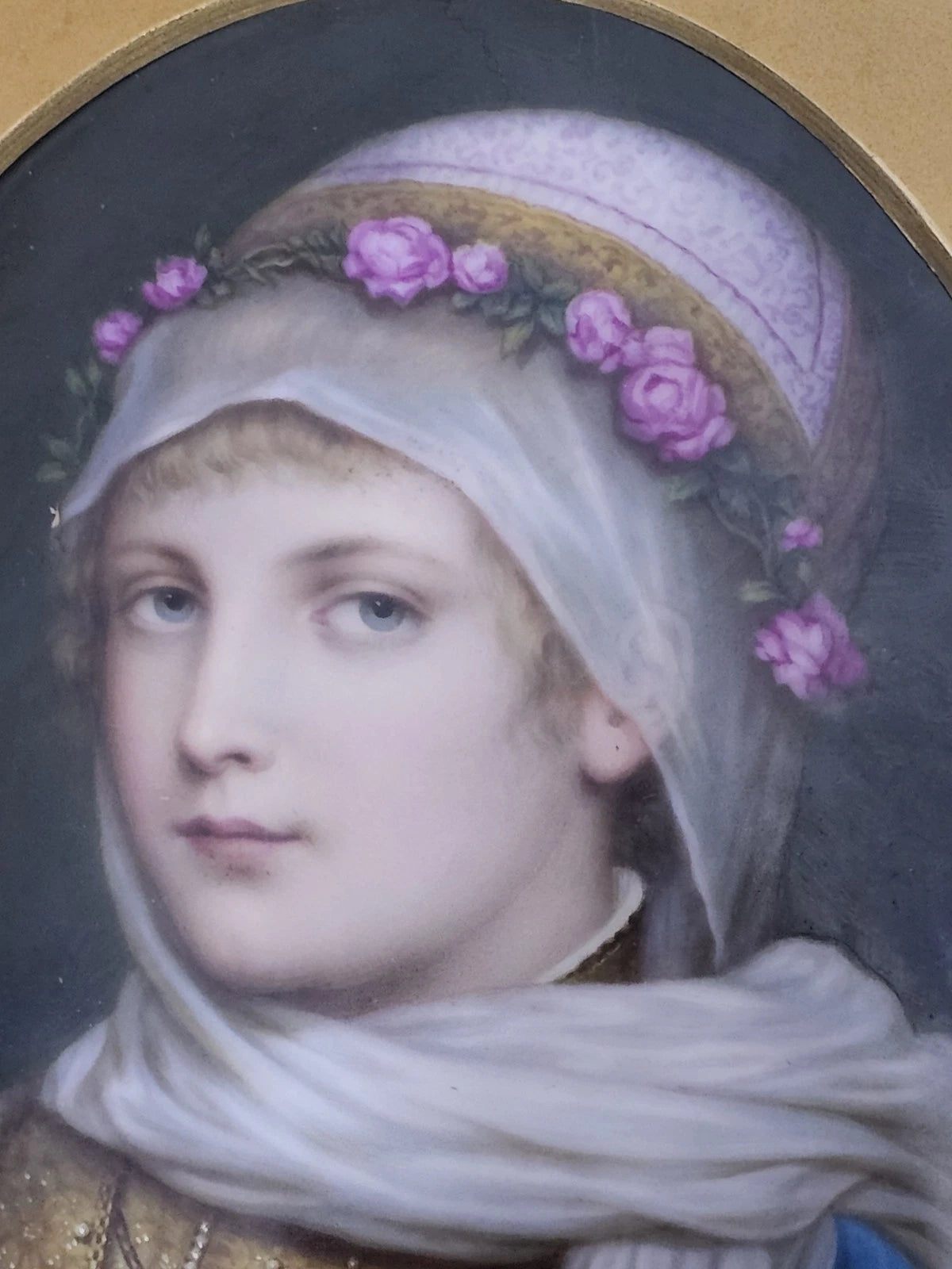 A 19thC German Porcelain Plaque of a Portrait of a Young Woman, Gilt Framed