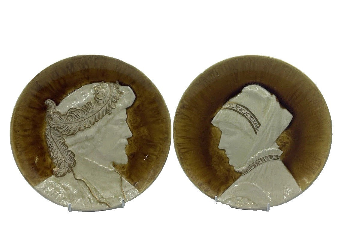 Antique Sarreguemines Majolica Portrait Plates C1885 Pair