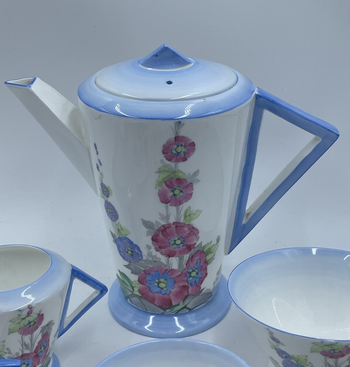 Vintage Shelly Art Deco Bone China Coffee Set Hollyhock Pattern