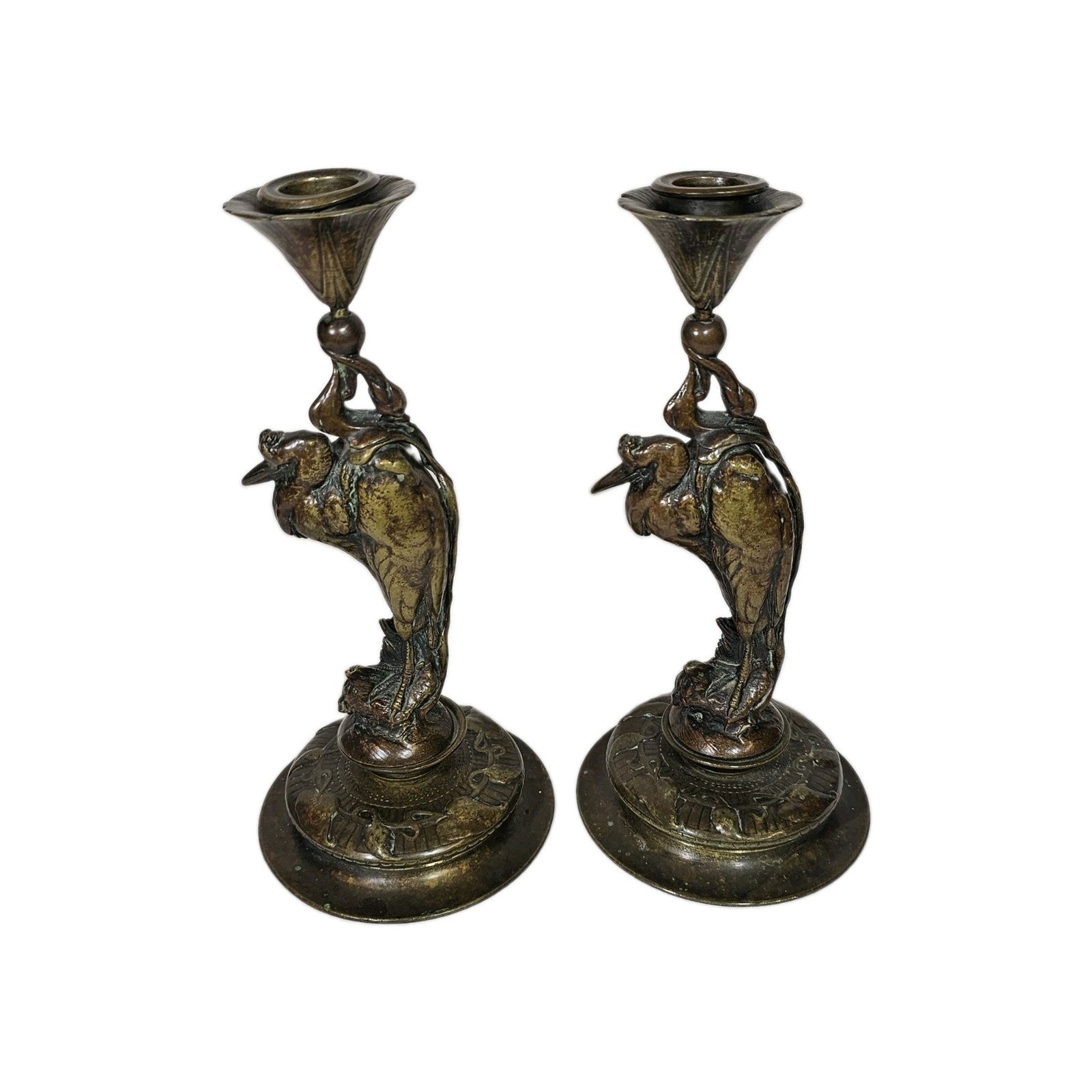 Auguste-Nicolas Cain Art Nouveau Bronze Heron Candlesticks Pair