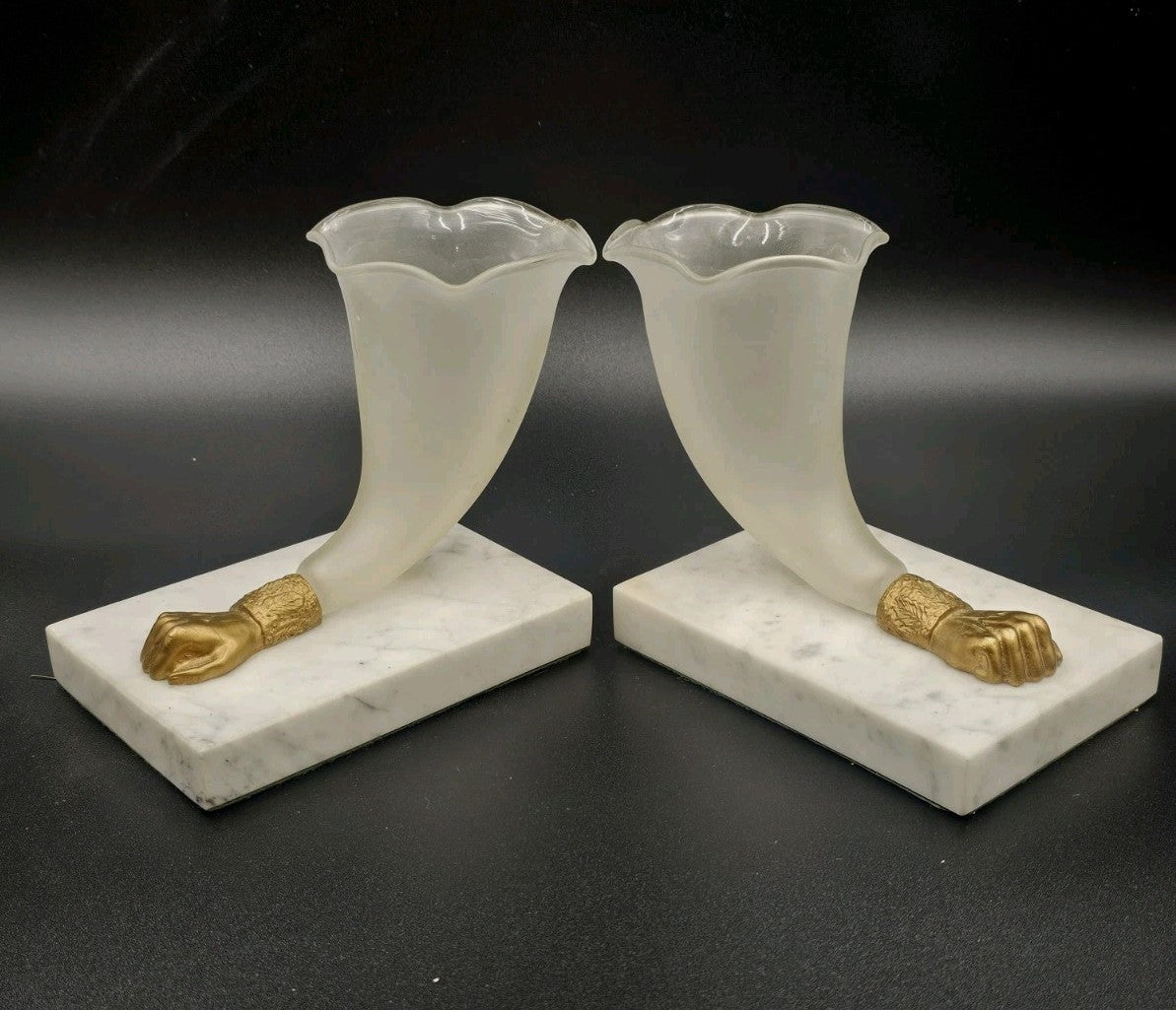 Antique Victorian Ormolu Mounted Cornucopia Vases White Marble Base Pair