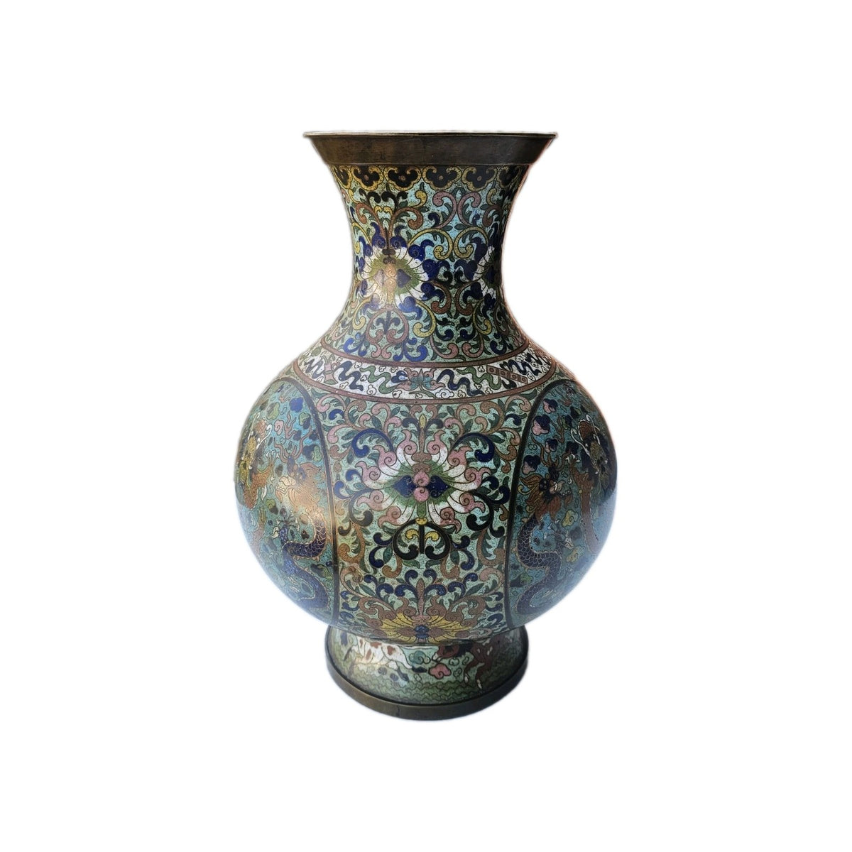 Antique Chinese Cloisonné Enamel Dragon Vase Qing Dynasty 15.4 in