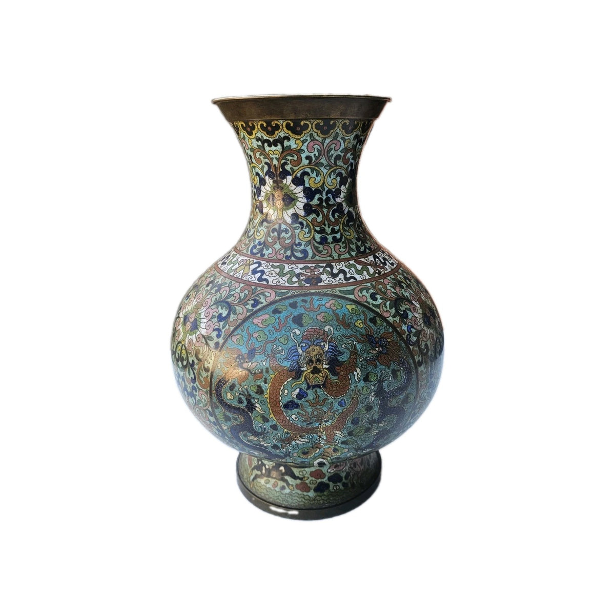 Antique Chinese Cloisonné Enamel Dragon Vase Qing Dynasty 15.4 in