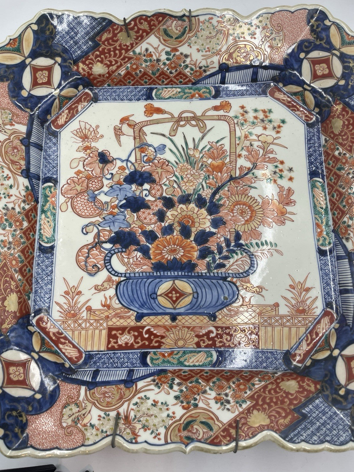 Antique Japanese Meiji Period Hand Painted Porcelain Square Charger