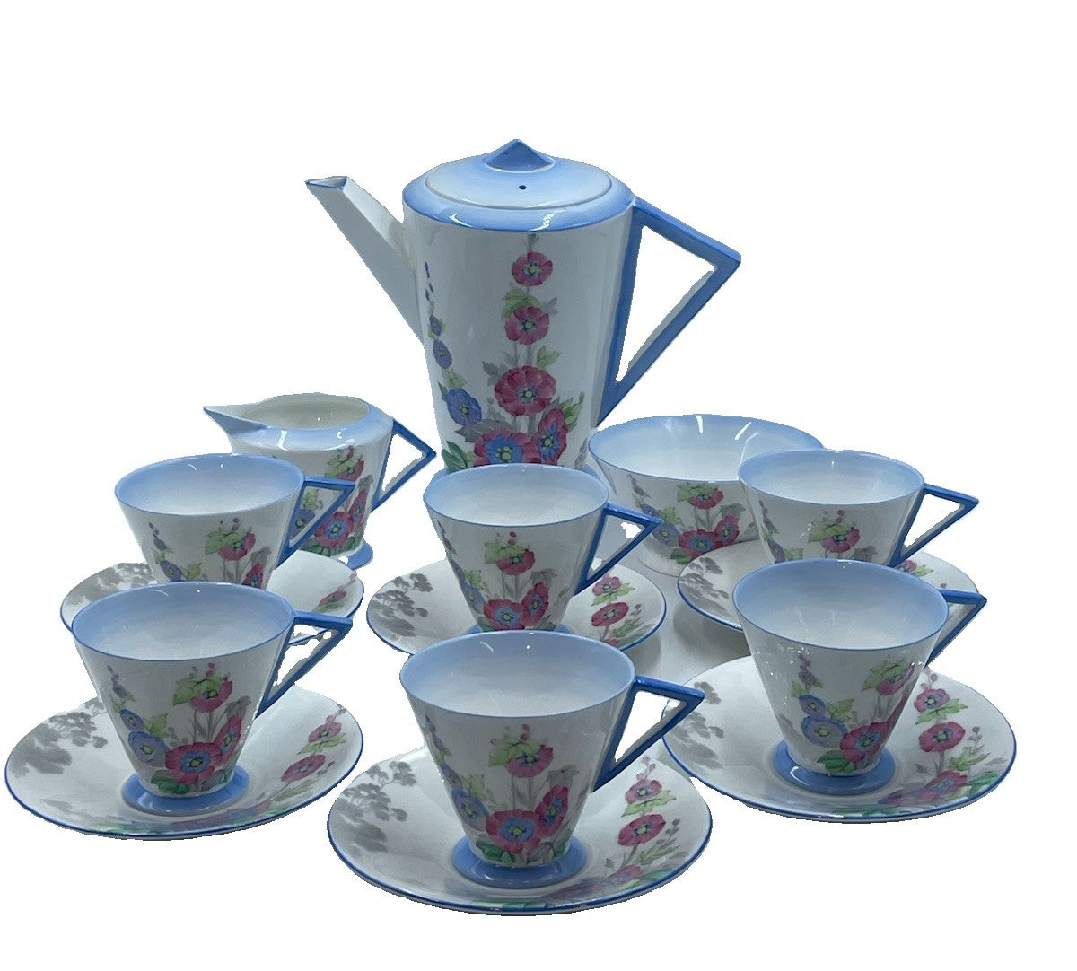 Vintage Shelly Art Deco Bone China Coffee Set Hollyhock Pattern