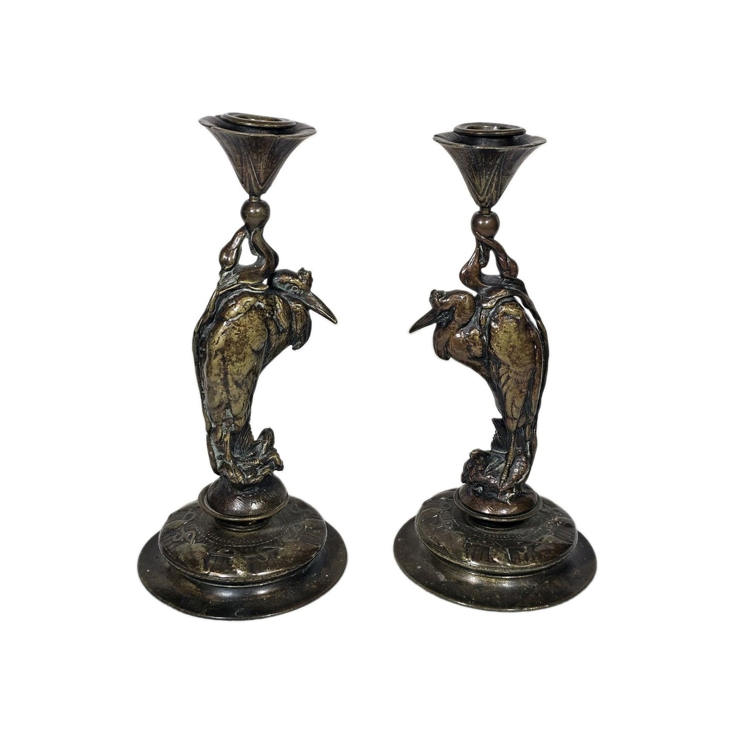 Auguste-Nicolas Cain Art Nouveau Bronze Heron Candlesticks Pair