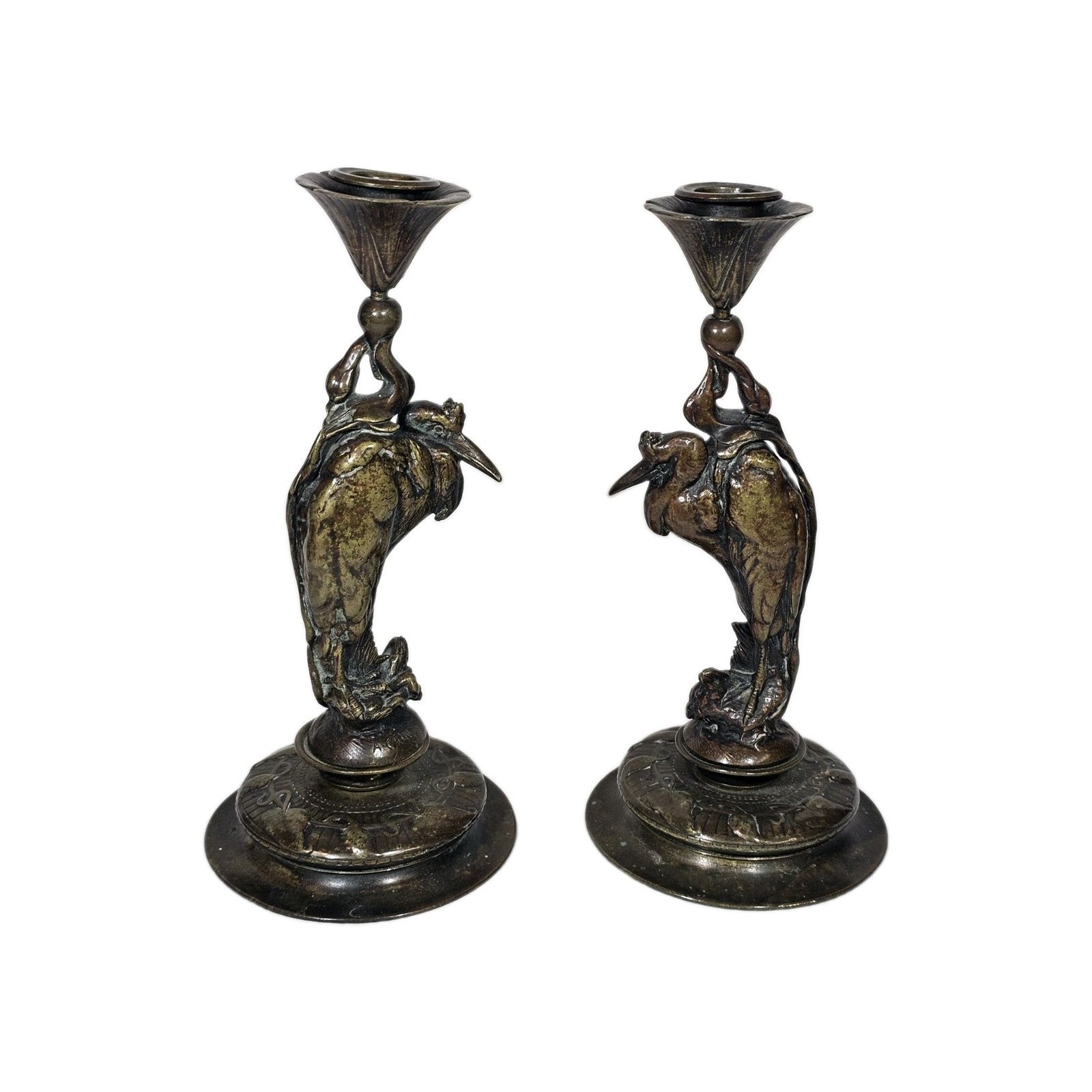 Auguste-Nicolas Cain Art Nouveau Bronze Heron Candlesticks Pair