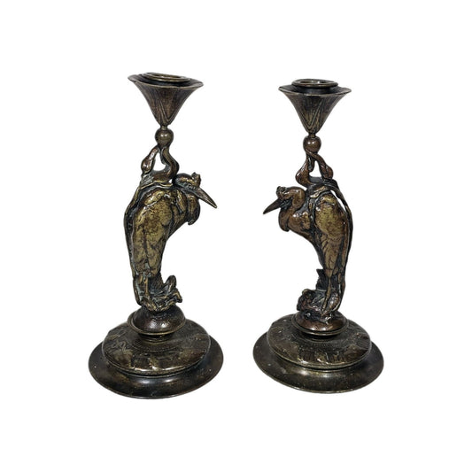 Auguste-Nicolas Cain Art Nouveau Bronze Heron Candlesticks Pair