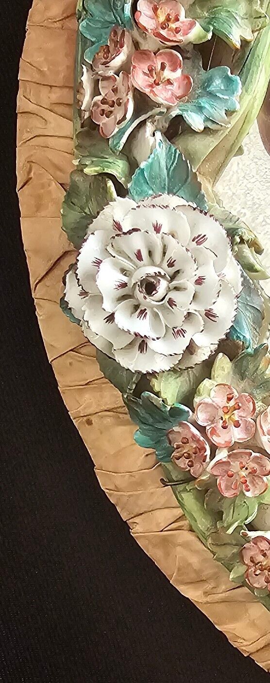 19thC Derby Porcelain Mirror with Encrusted Flowers, & Original Retail Label