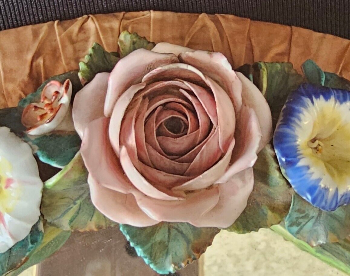 19thC Derby Porcelain Mirror with Encrusted Flowers, & Original Retail Label