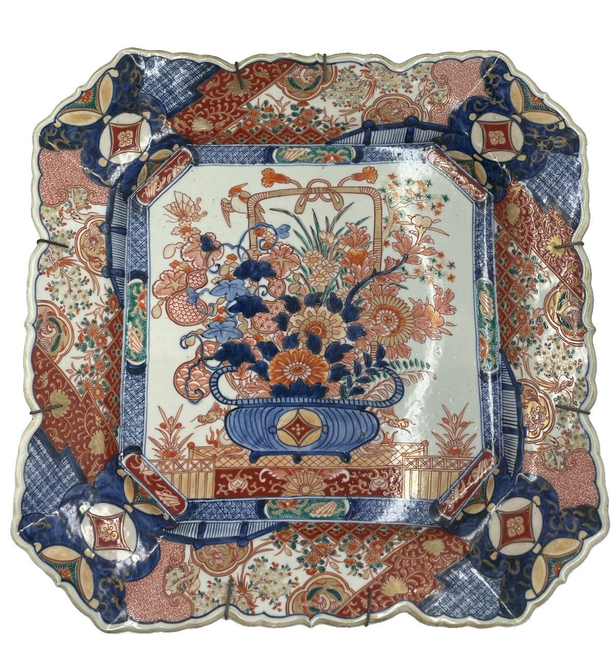 Antique Japanese Meiji Period Hand Painted Porcelain Square Charger