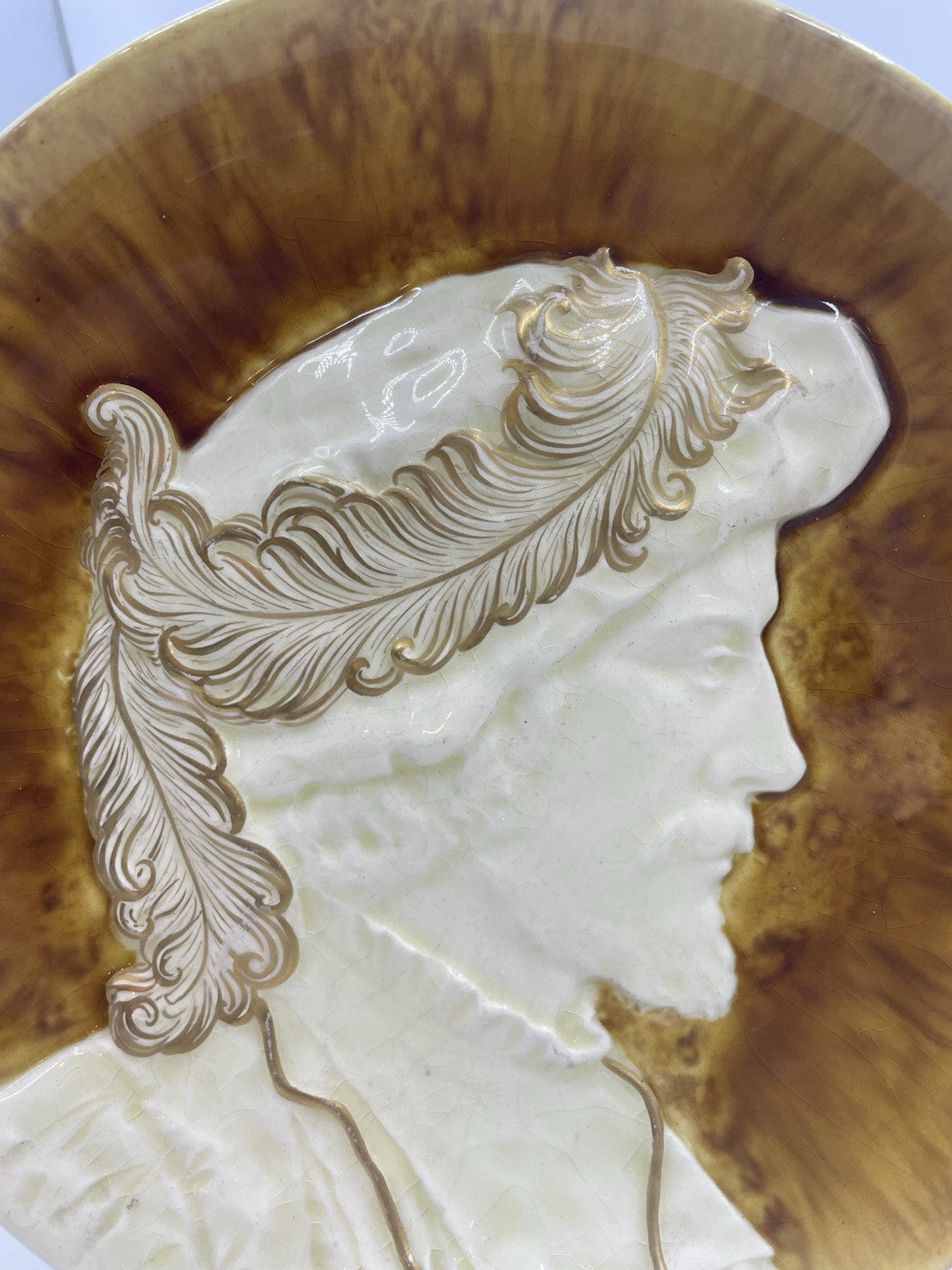 Antique Sarreguemines Majolica Portrait Plates C1885 Pair