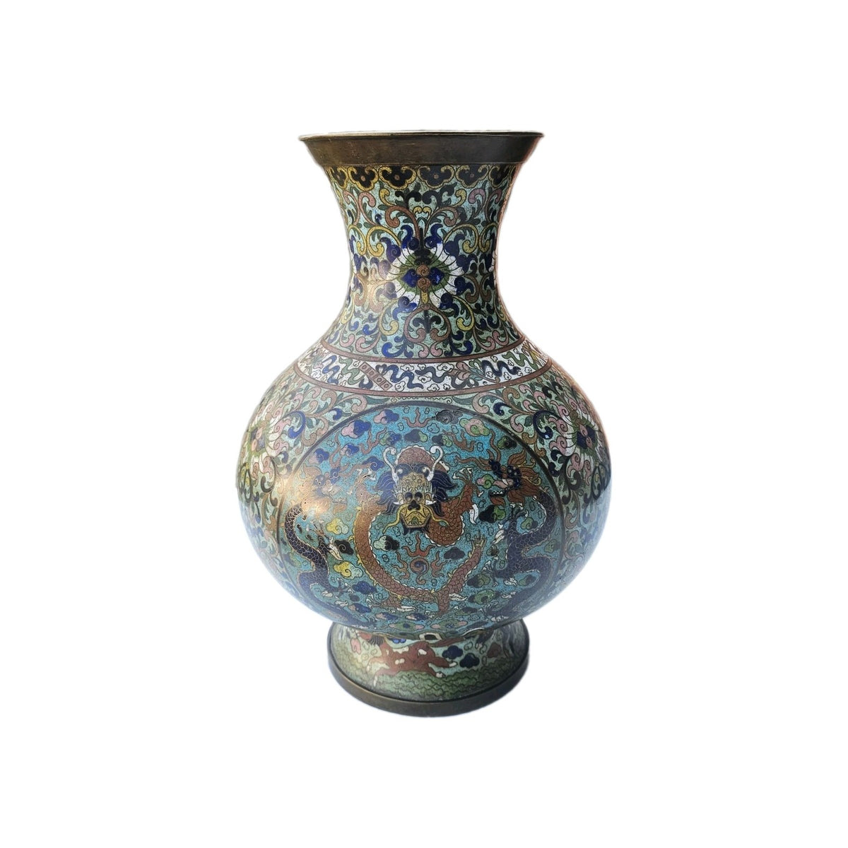 Antique Chinese Cloisonné Enamel Dragon Vase Qing Dynasty 15.4 in