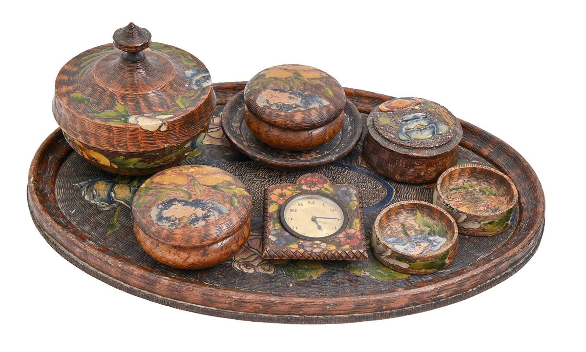 Italian Pokerwork Polychrome Dressing Table Set C1930