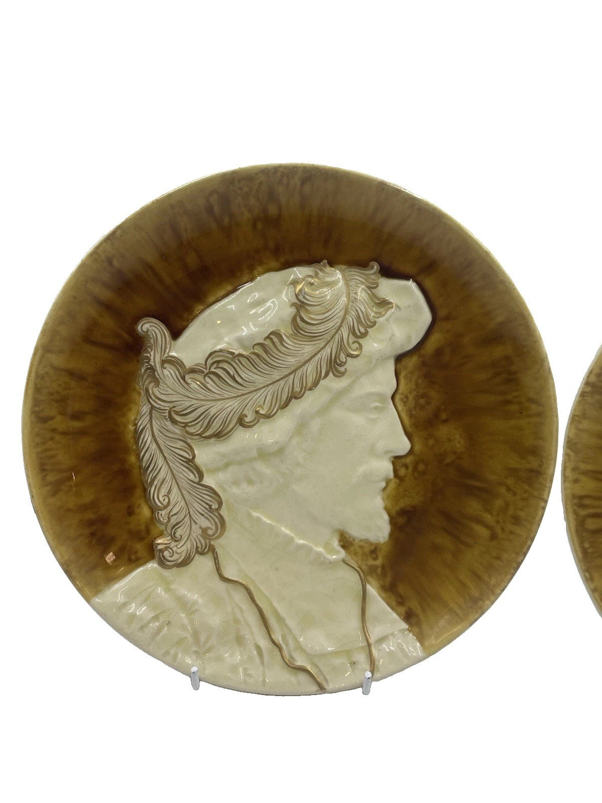 Antique Sarreguemines Majolica Portrait Plates C1885 Pair