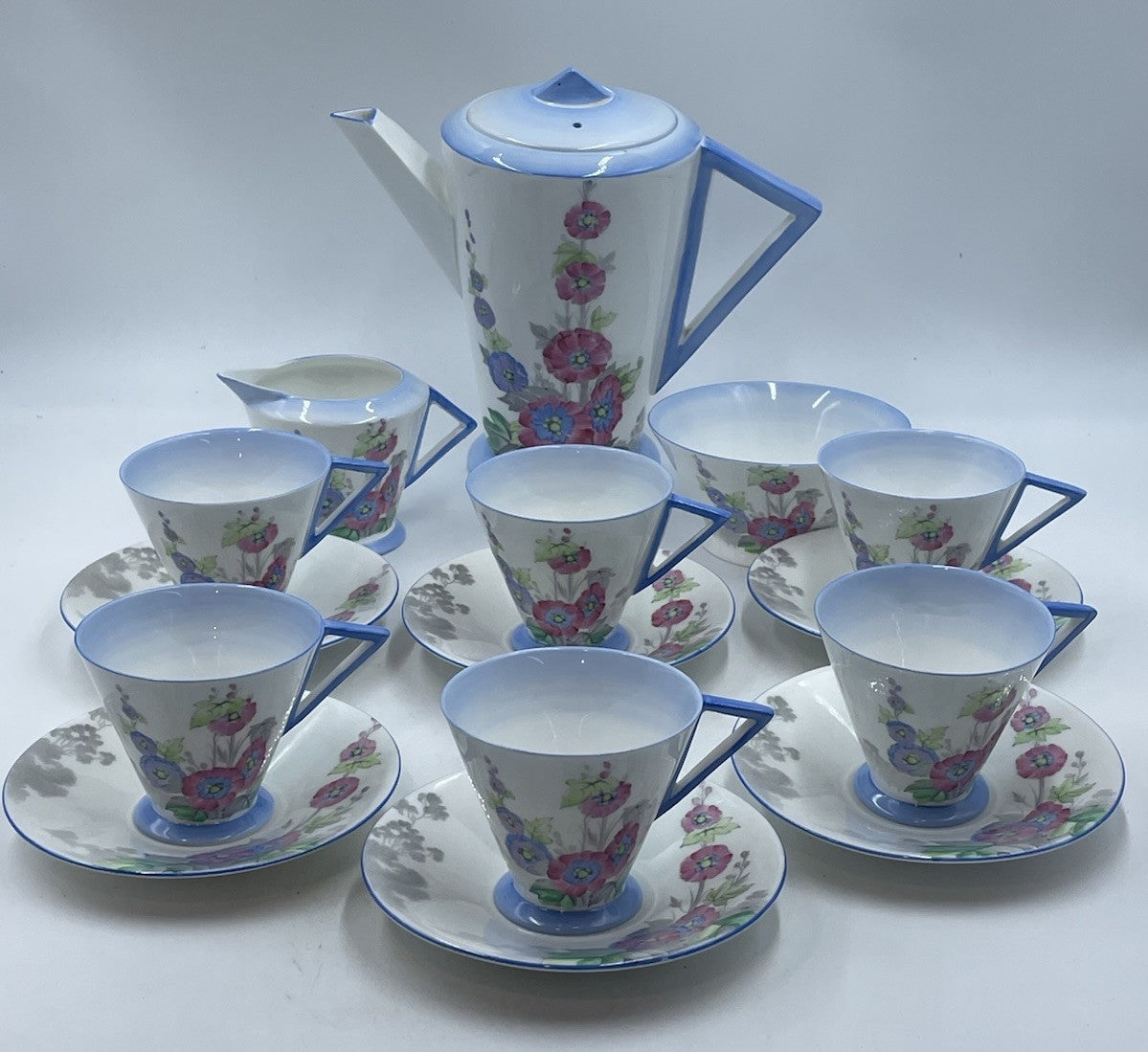 Vintage Shelly Art Deco Bone China Coffee Set Hollyhock Pattern