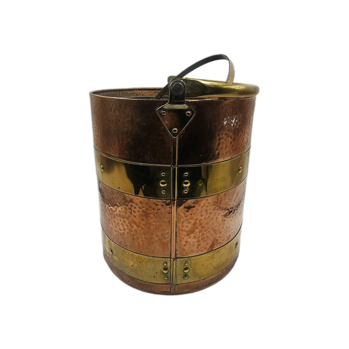 Antique Victorian Hammered Copper Coal Log Bucket Brass Bands