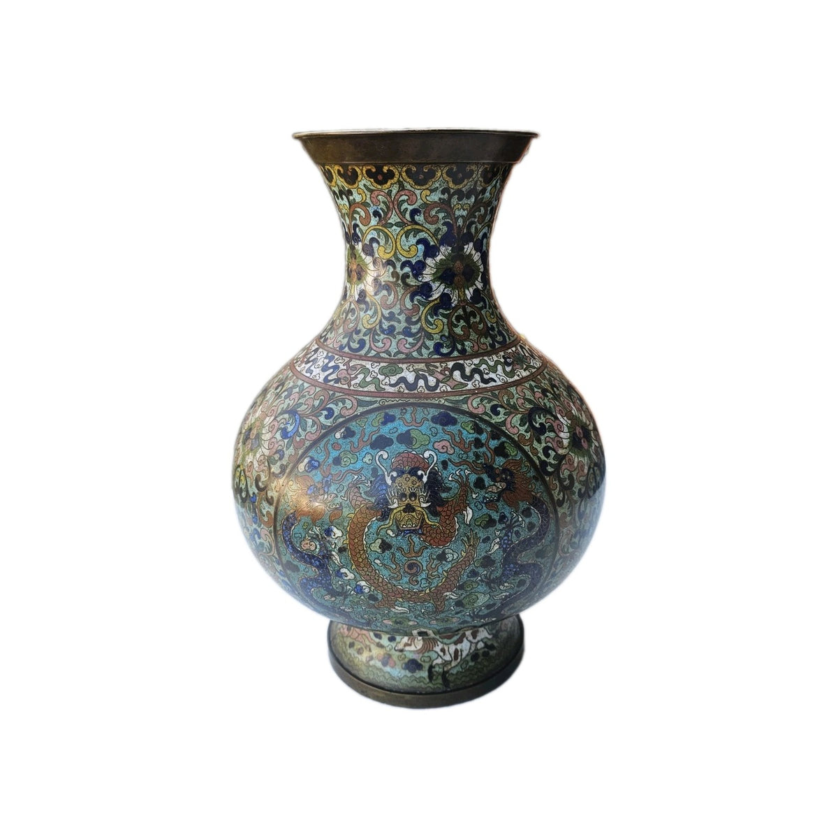 Antique Chinese Cloisonné Enamel Dragon Vase Qing Dynasty 15.4 in