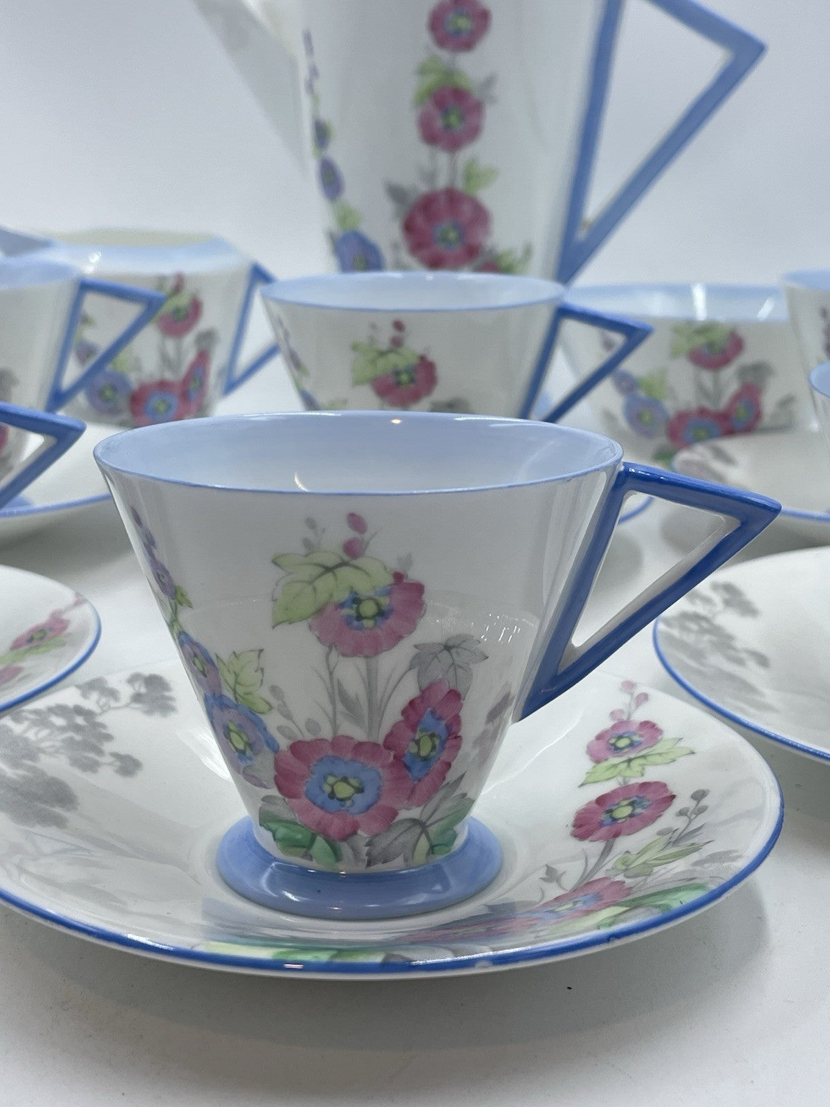 Vintage Shelly Art Deco Bone China Coffee Set Hollyhock Pattern
