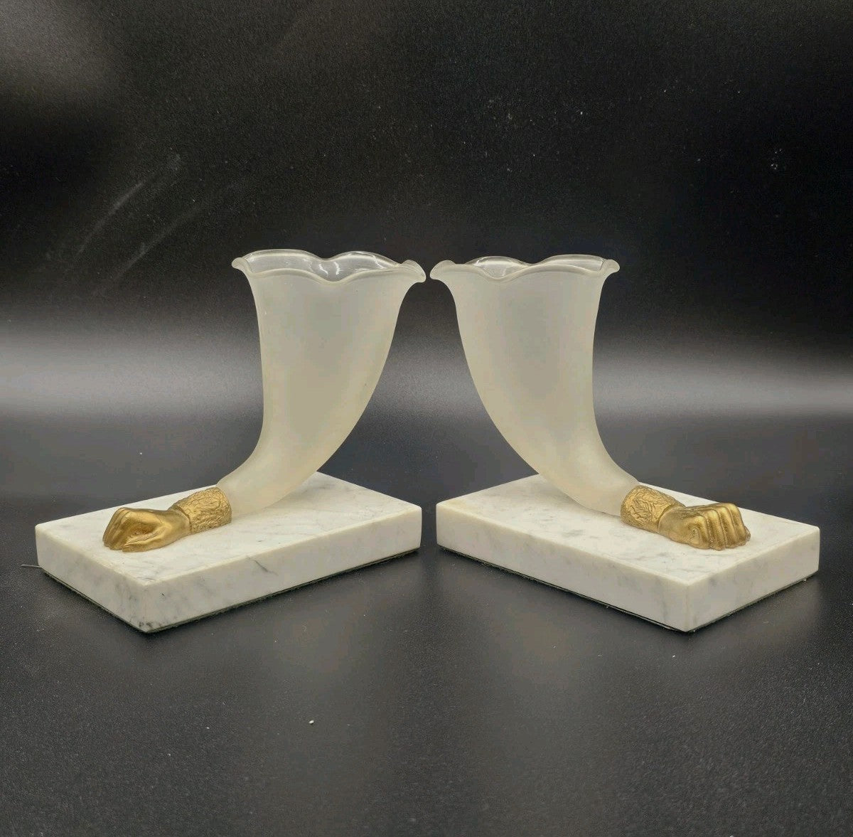 Antique Victorian Ormolu Mounted Cornucopia Vases White Marble Base Pair