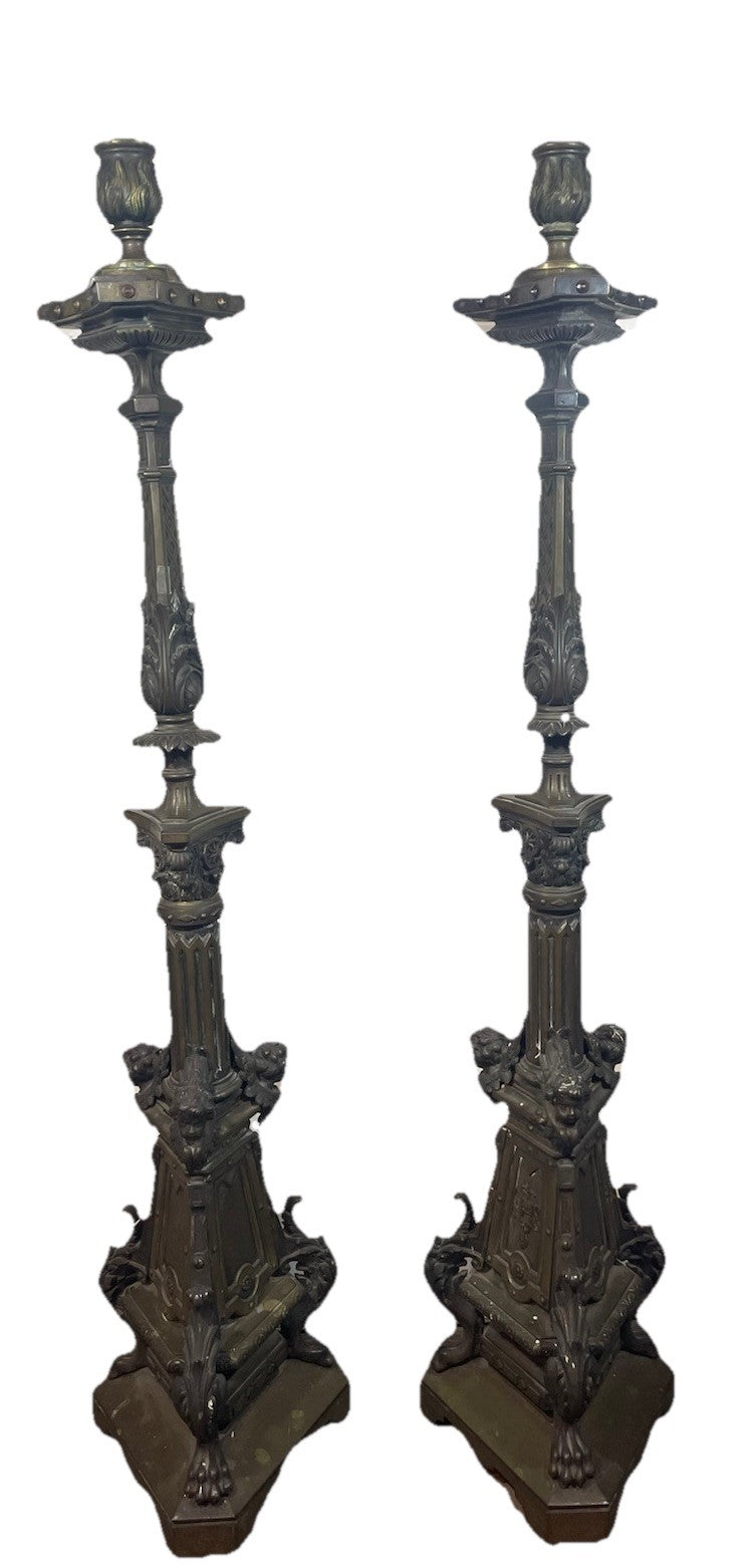 19th Century French Bronze Church Candlesticks Putti Pair