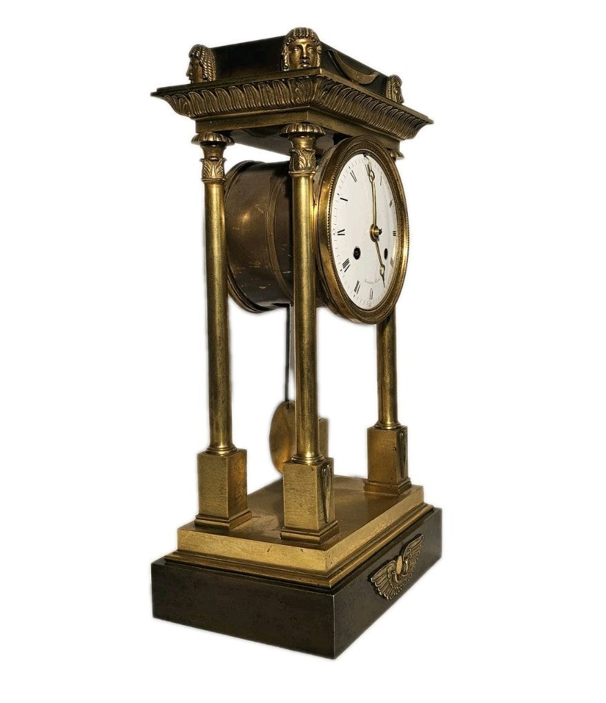 Antique French Brass Egyptian Revival Portico Clock Manière