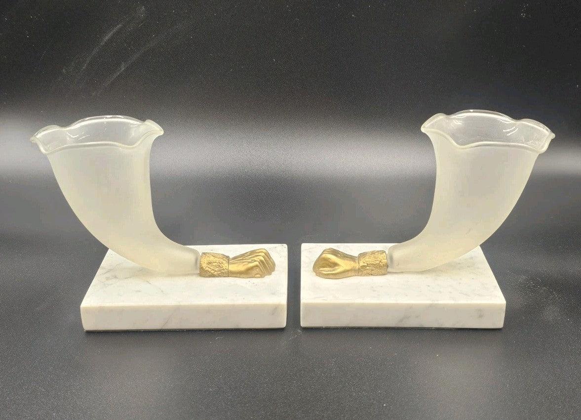 Antique Victorian Ormolu Mounted Cornucopia Vases White Marble Base Pair