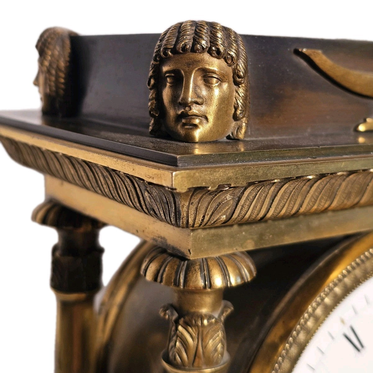 Antique French Brass Egyptian Revival Portico Clock Manière