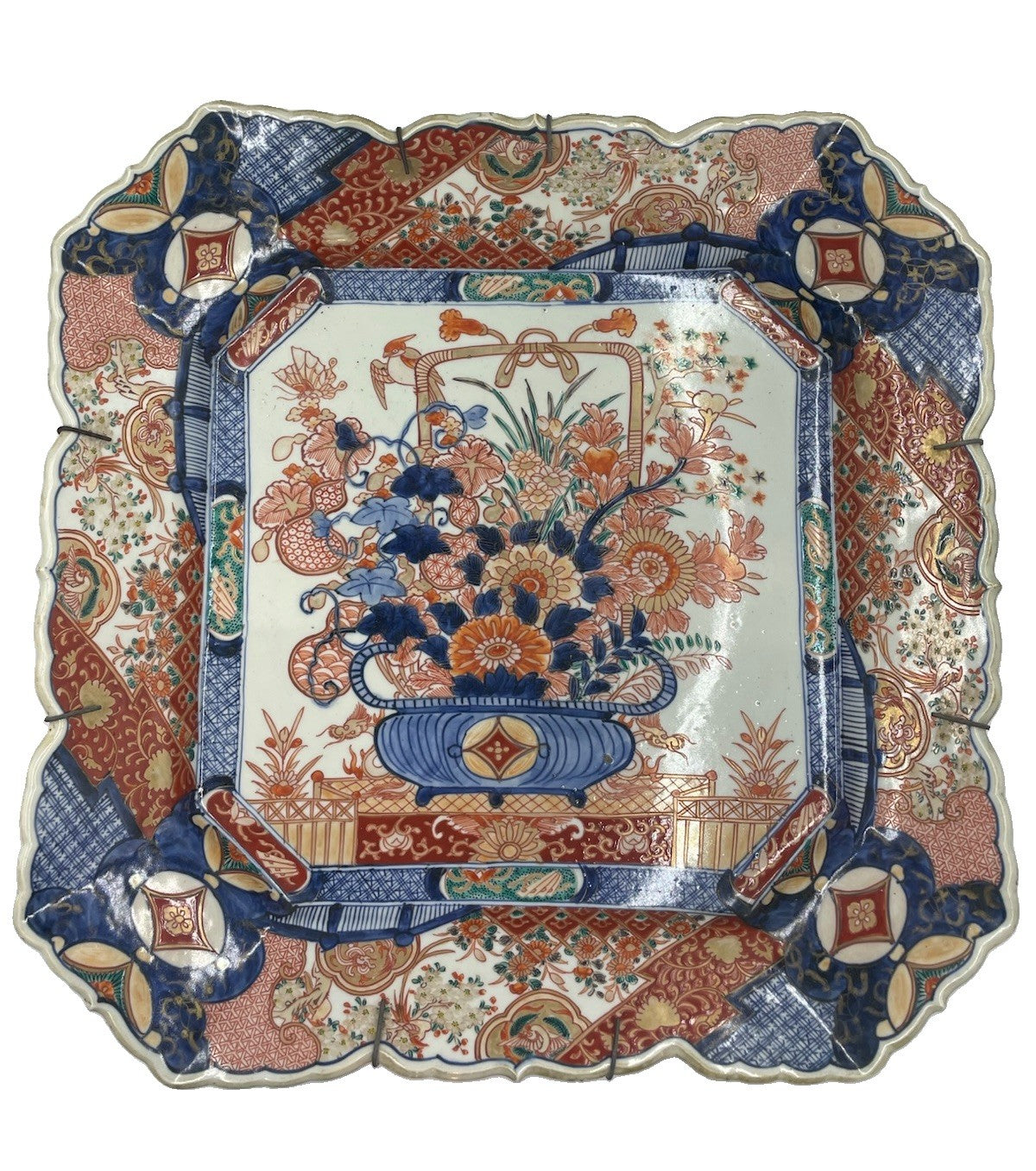 Antique Japanese Meiji Period Hand Painted Porcelain Square Charger