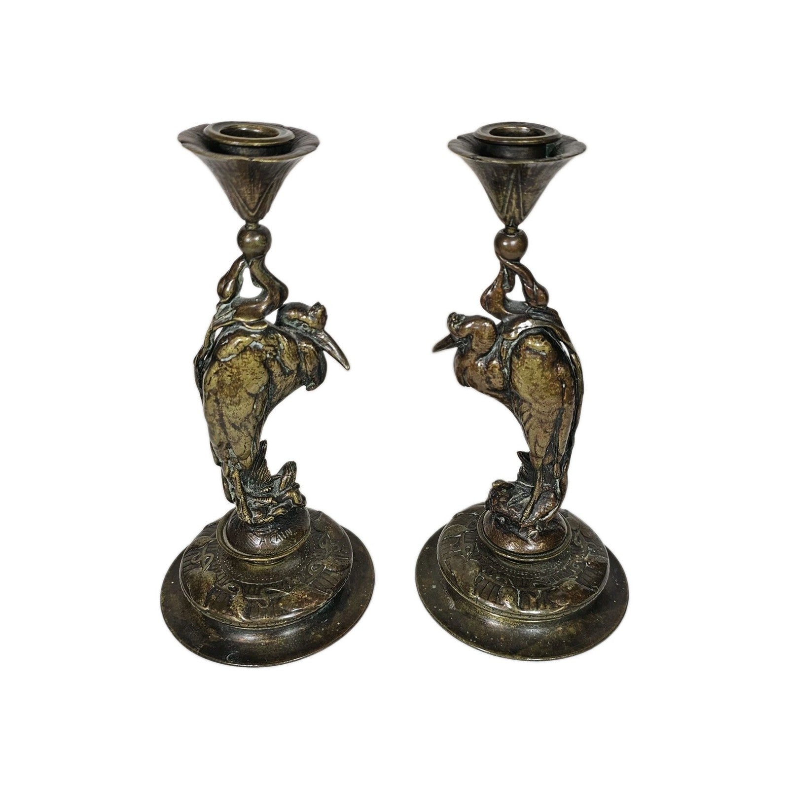 Auguste-Nicolas Cain Art Nouveau Bronze Heron Candlesticks Pair