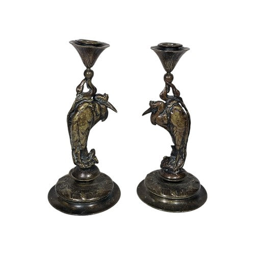 Auguste-Nicolas Cain Art Nouveau Bronze Heron Candlesticks Pair